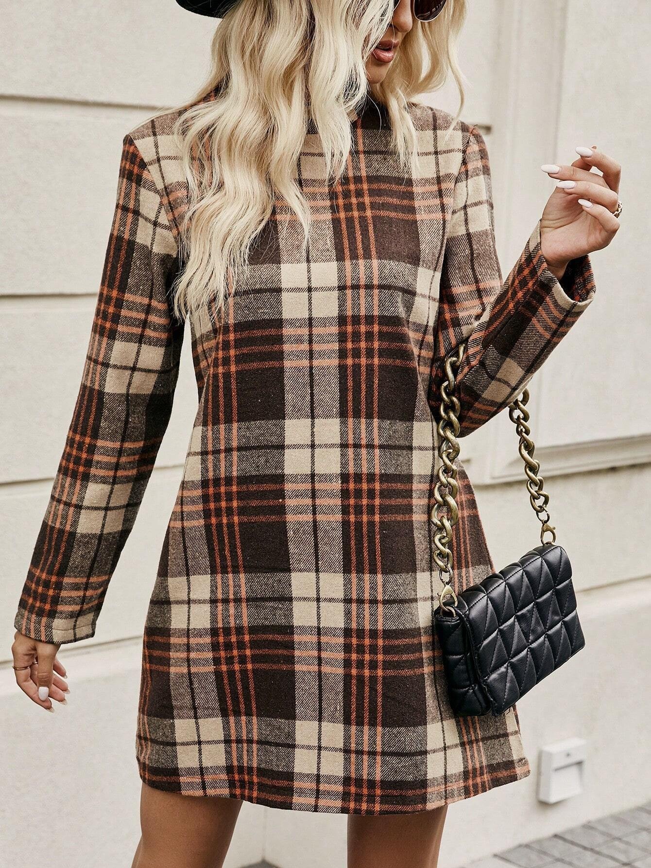 European And American Long Sleeve Plaid Dress Women's Clothing Brown - Shop at LoveMi