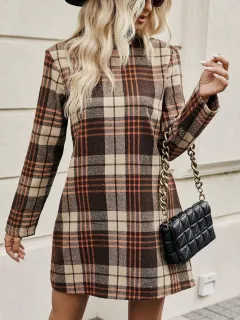 European And American Long Sleeve Plaid Dress Women's Clothing - Brown - View 1