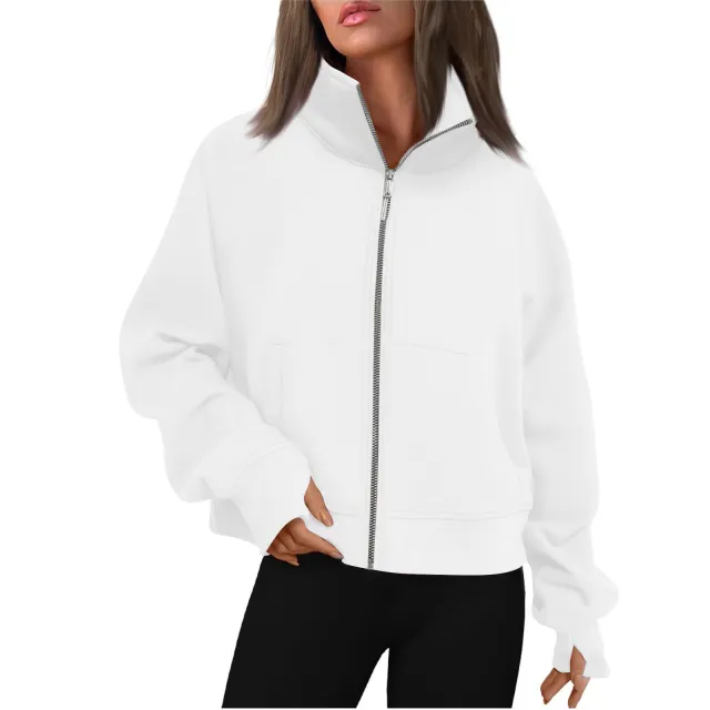 Long Zipper Short Stand Collar Thumb Hole Brushed Hoody White - Shop at LoveMi
