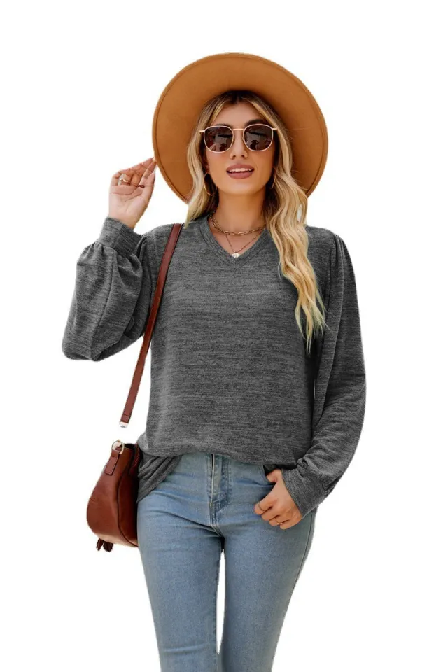 Loose Casual Puff Sleeve V neck Long Sleeve Top Women Dark Gray - Shop at LoveMi