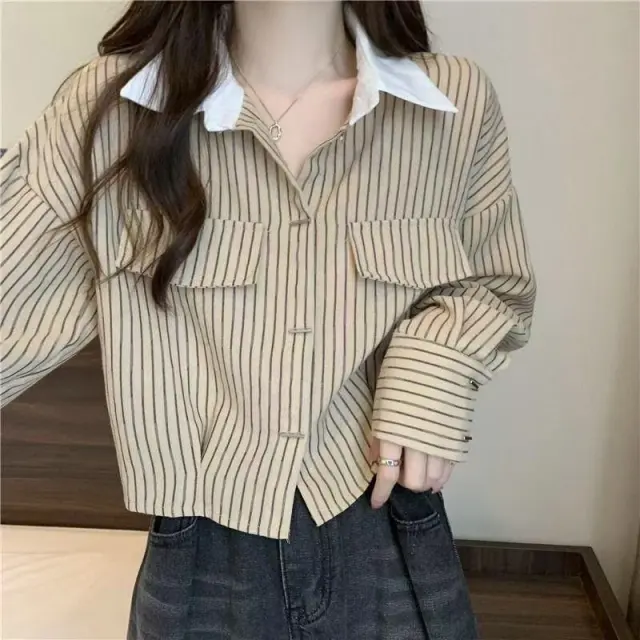 Short stature Womens Casual Long sleeve Striped Shirt Khaki - Shop at LoveMi