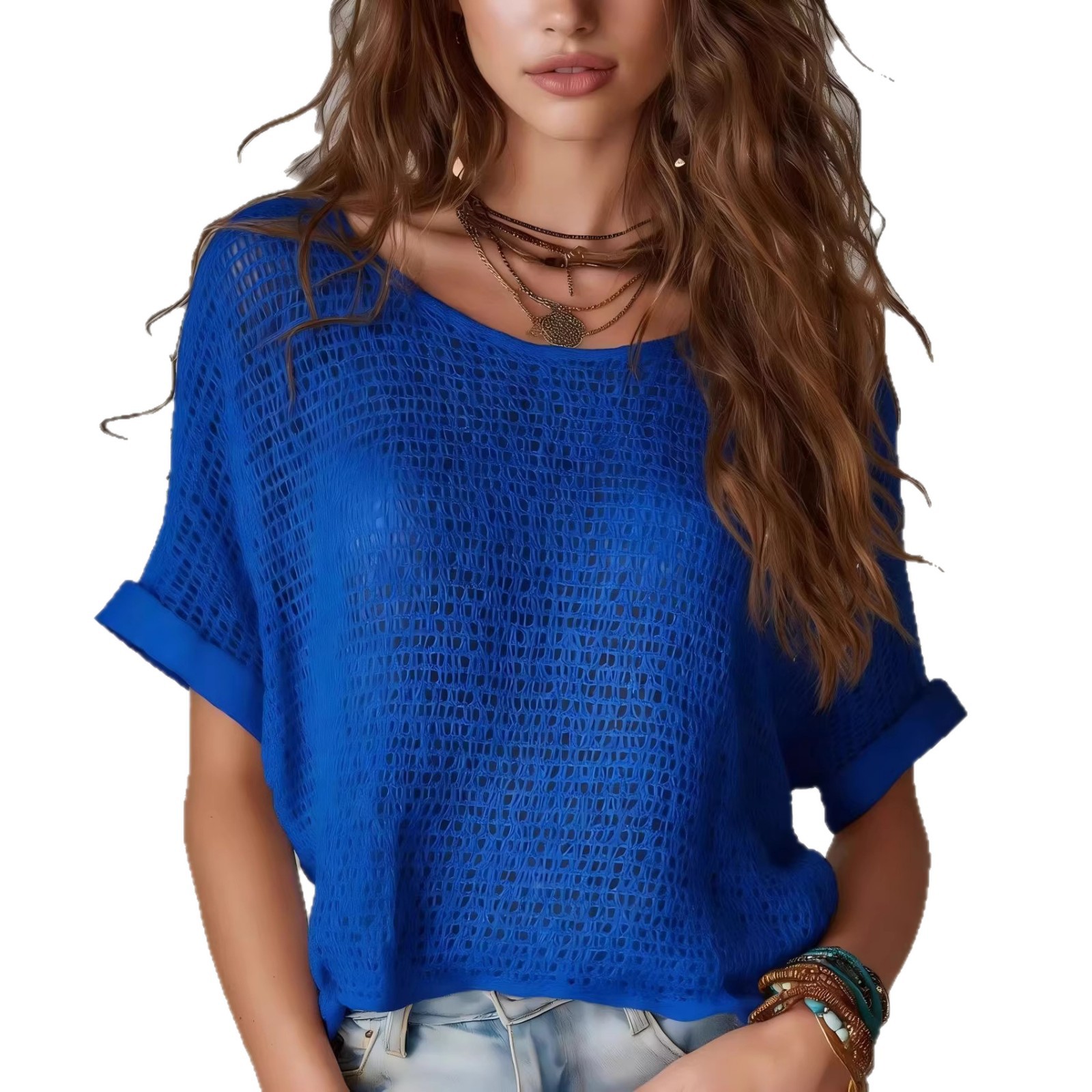 Womens Knitted Solid-Color Short-Sleeve Sweater