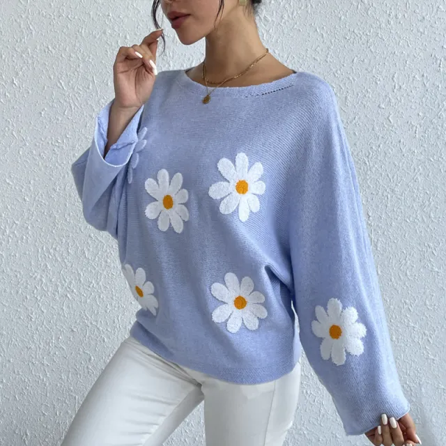 Sweet Flowers Loose Knitted Sweater For Women Blue - Shop at LoveMi
