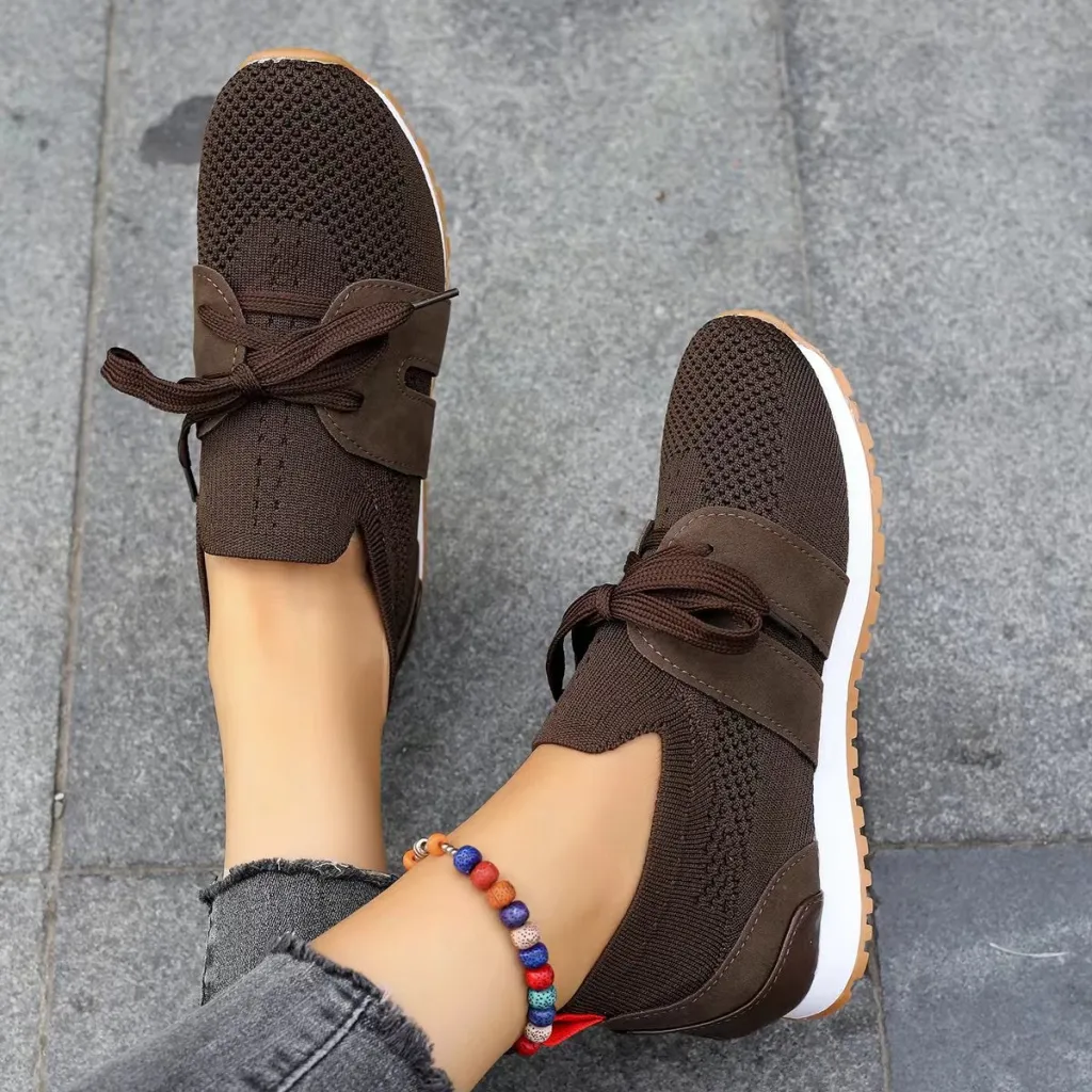 Women's Comfortable Fly Woven Mesh Lace-up Casual Shoes - Brown
