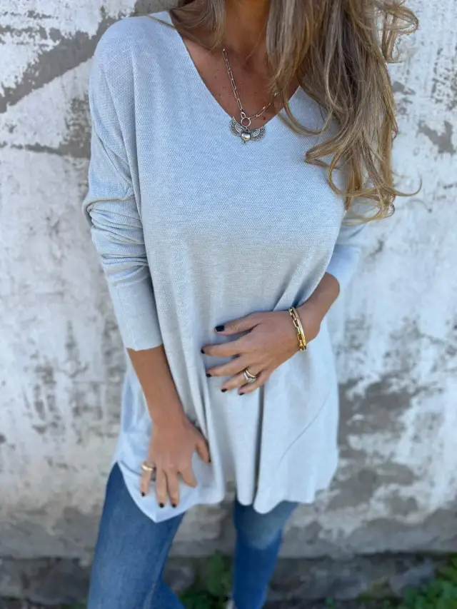 Solid Color V neck Knitted Sweater Loose Top Women's Clothing Gray - Shop at LoveMi