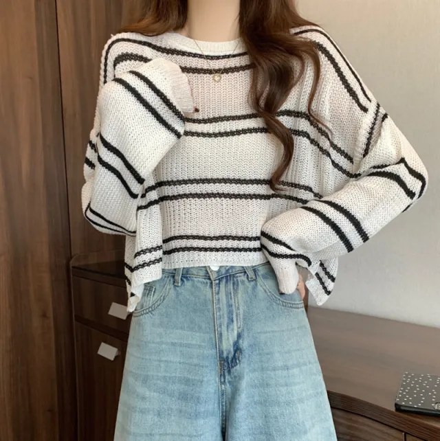 Striped Thin Sweater Loose Hollow out Short Top White - Shop at LoveMi