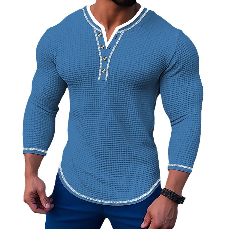Men's Waffle Henley Collar Long-sleeved Top