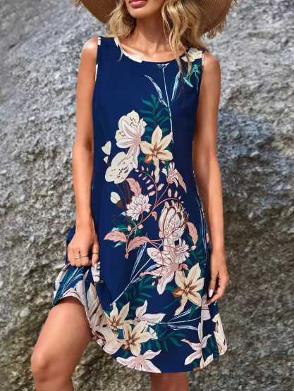 Spring And Summer Women's Elegant Casual Flower Digital Printing Vest Dress