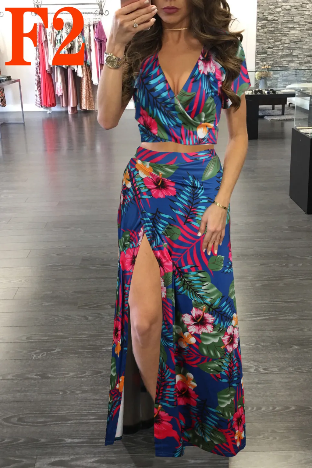 Printed Floral Dress Two-piece Suit For Women - Blue