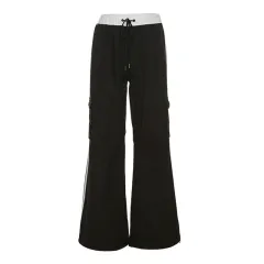 Women's High Waist Striped Ankle-tied Casual Pants - Black - View 1