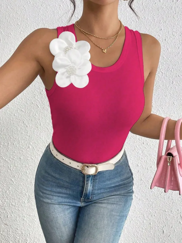 Womens Sleeveless 3D Floral Decorated Solid Color Tank Top Tan - Shop at LoveMi