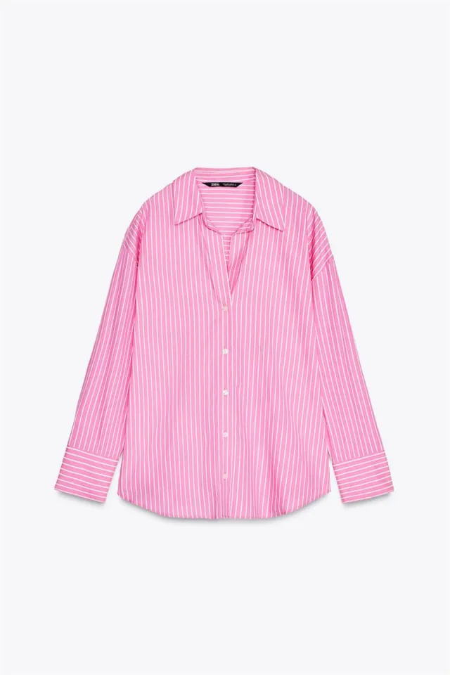 European And American Style Long Sleeve Lapel Loose Striped Poplin Shirt Pink Striped - Shop at LoveMi