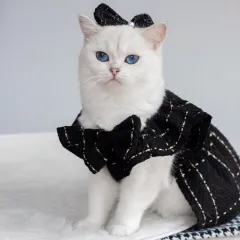 Woven Flying Shoulder Sleeve Skirt Dog Cat Pet Clothes - Black Dress Bow Tie - View 1