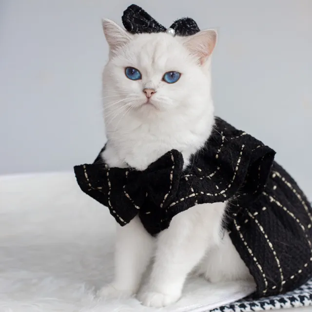 Woven Flying Shoulder Sleeve Skirt Dog Cat Pet Clothes Black Dress Bow Tie - Shop at LoveMi