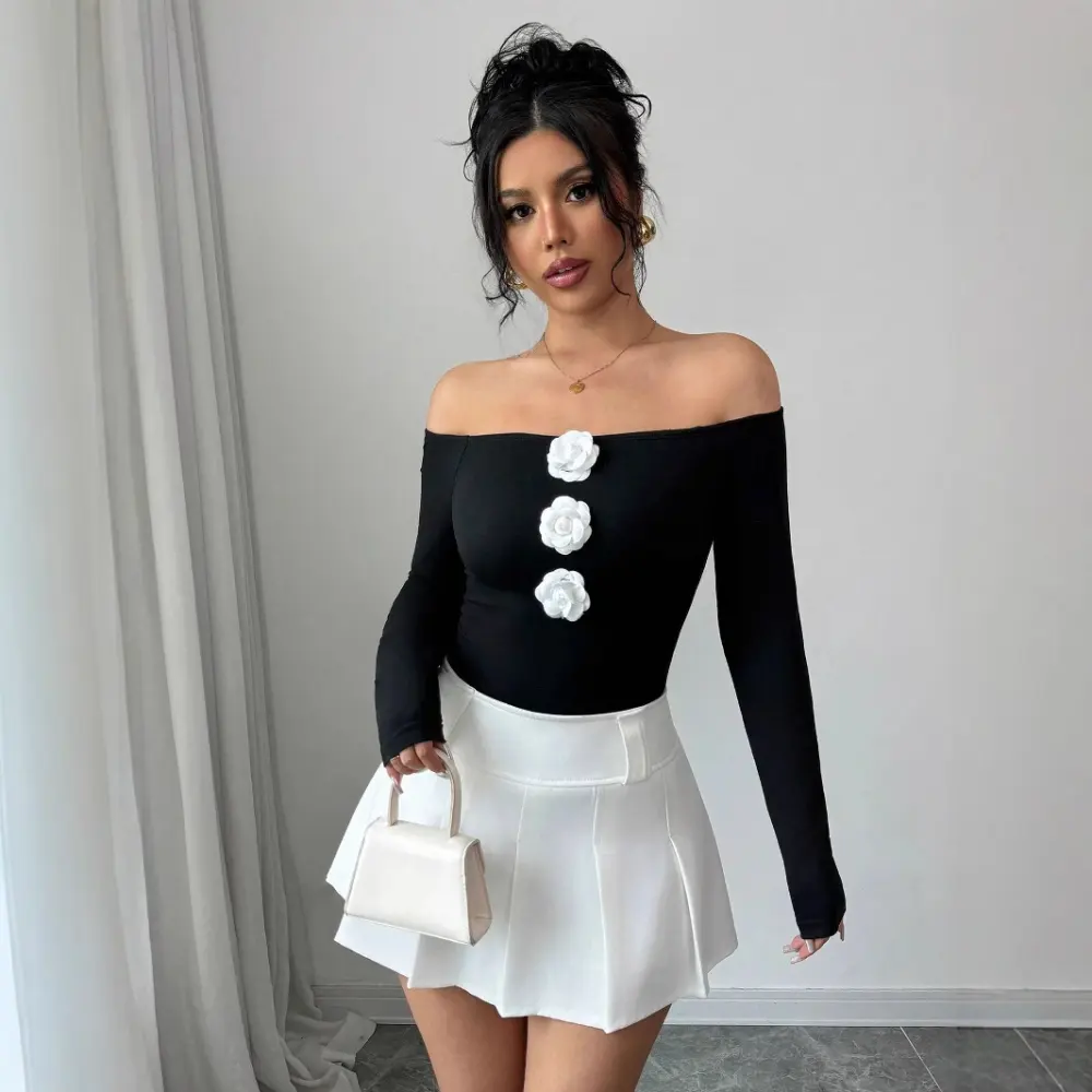 3D Floral Off-the-shoulder Off-neck Slim-fit Long-sleeved T-shirt