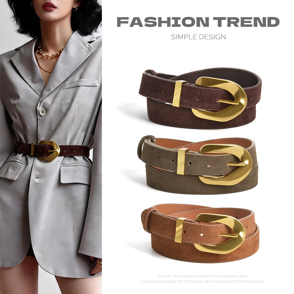 Matte Cowhide Vintage Ladies New Gold Buckle Belt
