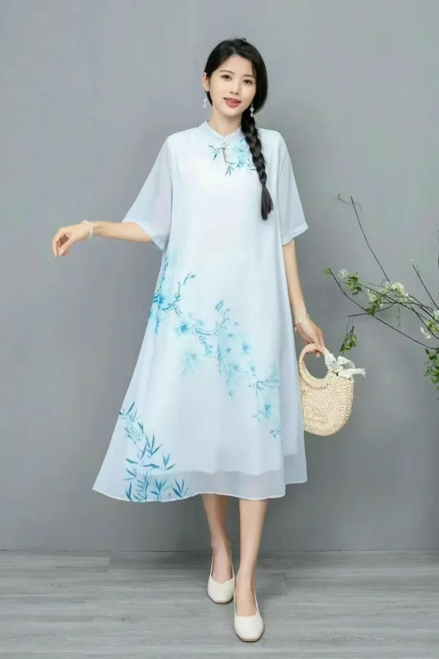 Women's Fashionable Chinese style Retro Dress With Frog Buttons And Stand Collar Light Blue - Shop at LoveMi