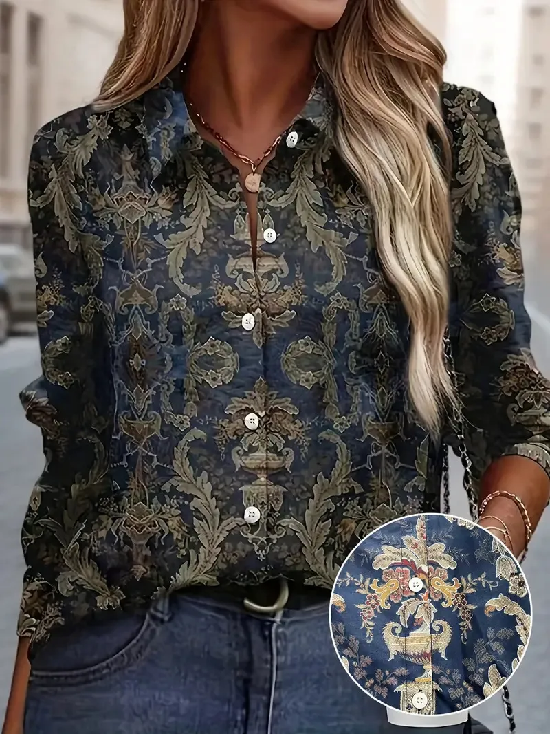 Women's Color Matching Casual Loose Button Digital Printing Shirt - Style07-M