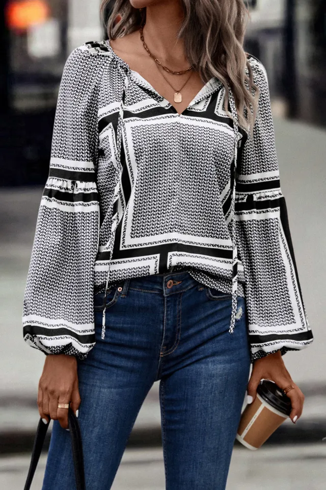 Fashion Lantern Sleeve Printed Shirt Women's Clothing Black - Shop at LoveMi