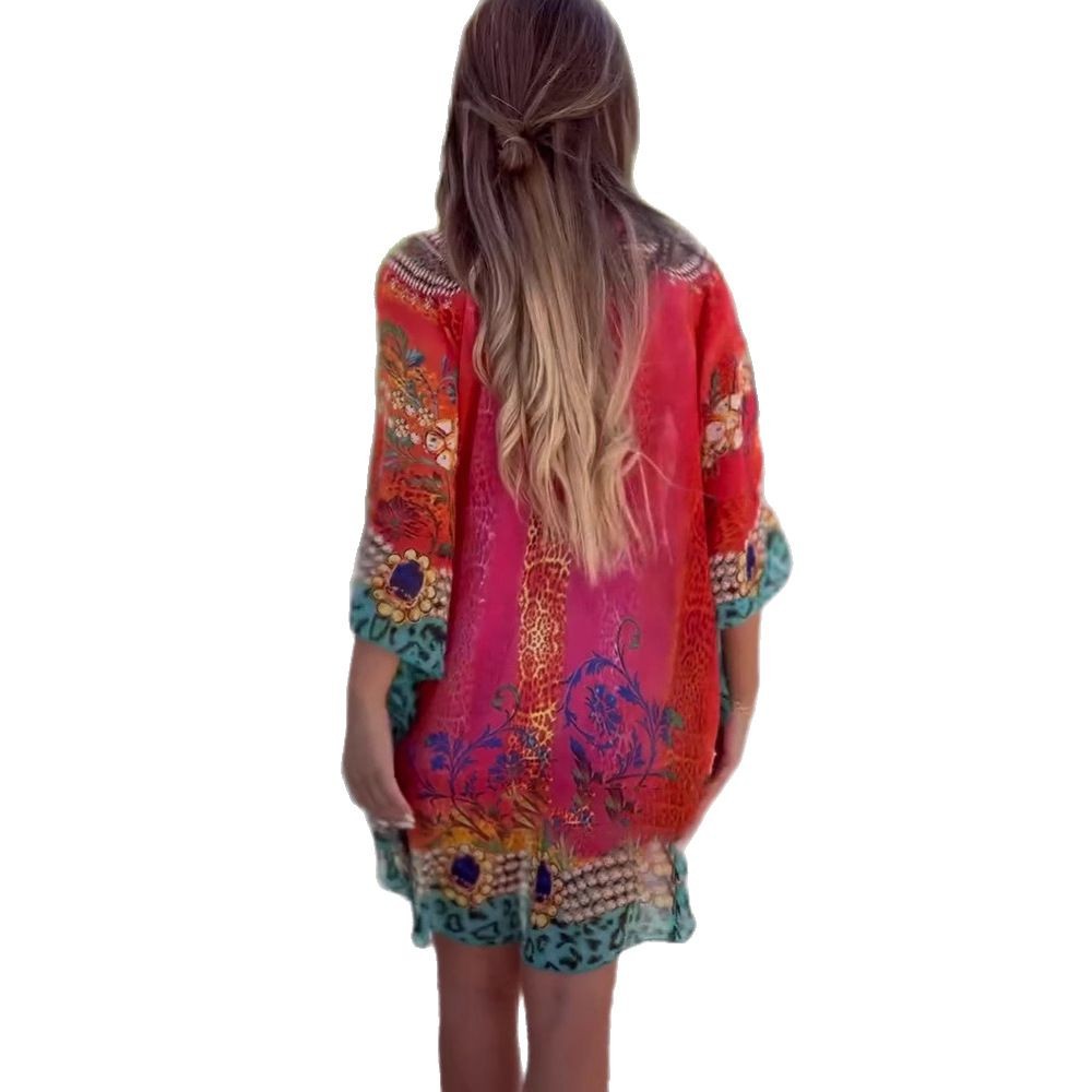 Fashion V-neck Print Loose Smock Top Women