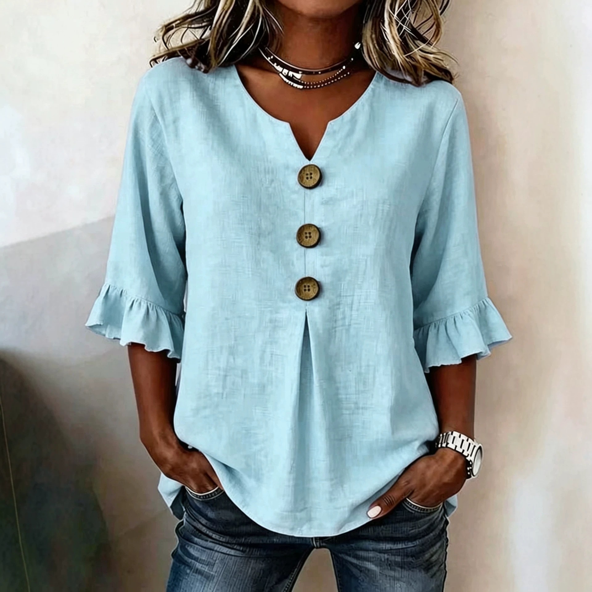 Womens Summer V-Neck Top With Buttons And Ruffled Cuffs product image