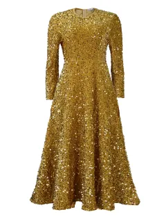 Women's Round Neck Long Sleeve Pure Color Sequins Mid-length Formal Dress - Champagne-M - View 1