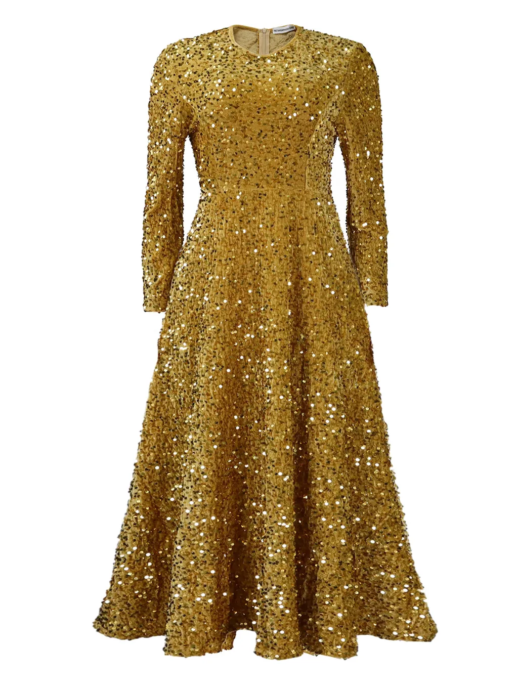 Women's Round Neck Long Sleeve Pure Color Sequins Mid-length Formal Dress - Champagne-Xxl