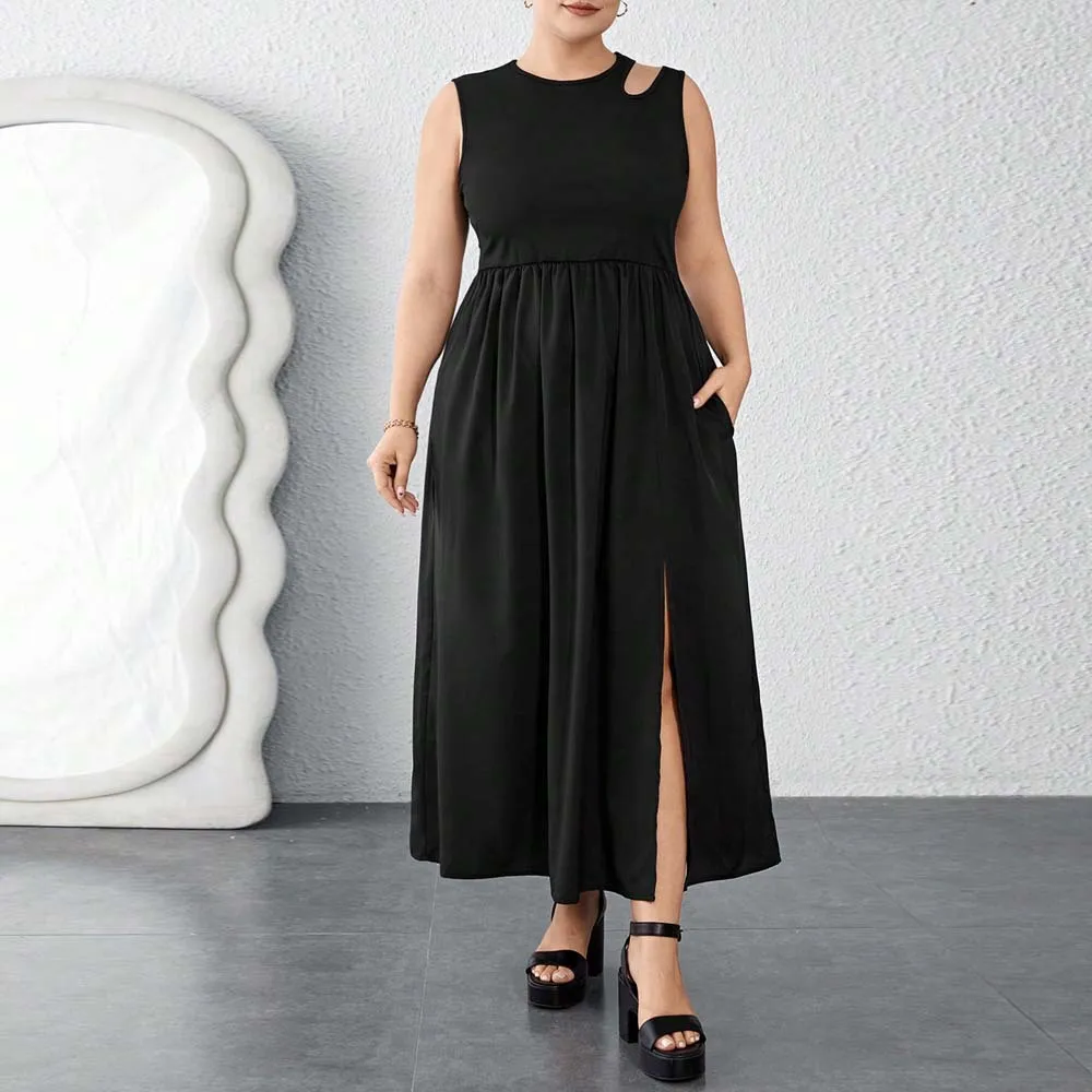 Split Dress Vest Sleeveless Stitching Dress - Black