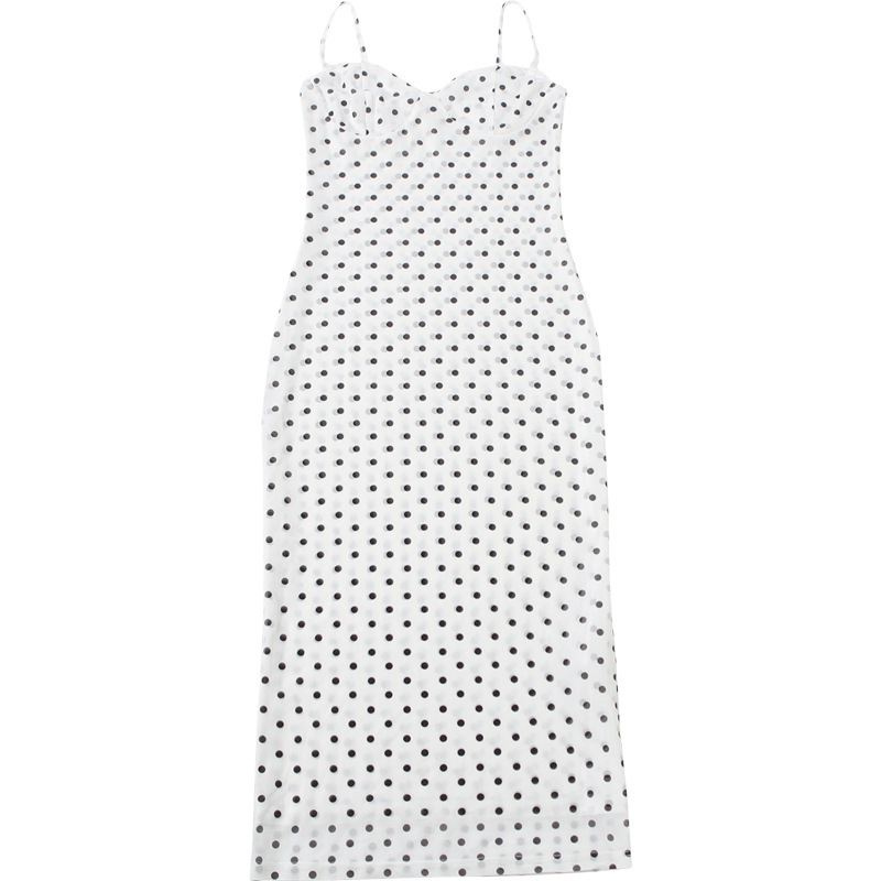 Vestido Feminino Midi de Poá com Renda e Alças
