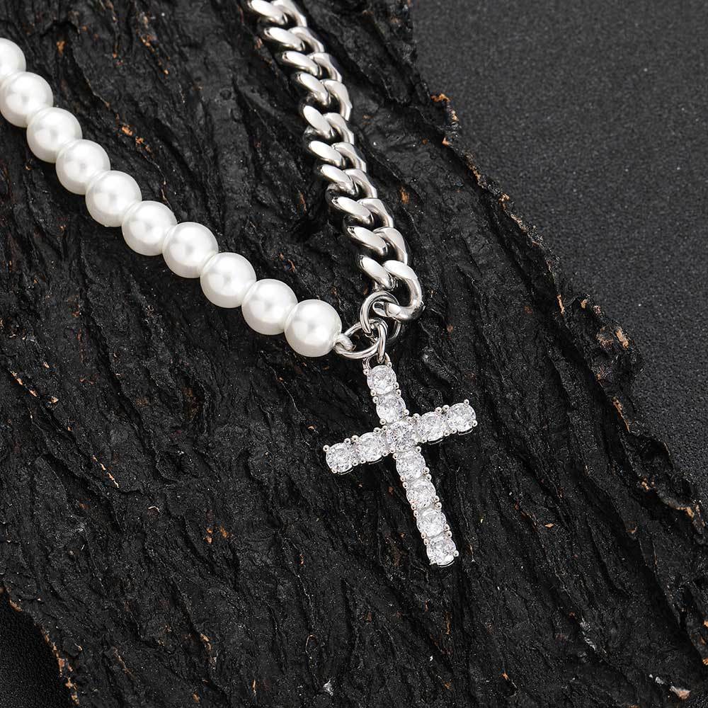 European Hip Hop 8mm Stainless Steel Cuban Link Chain Mixed Pearl Necklace
