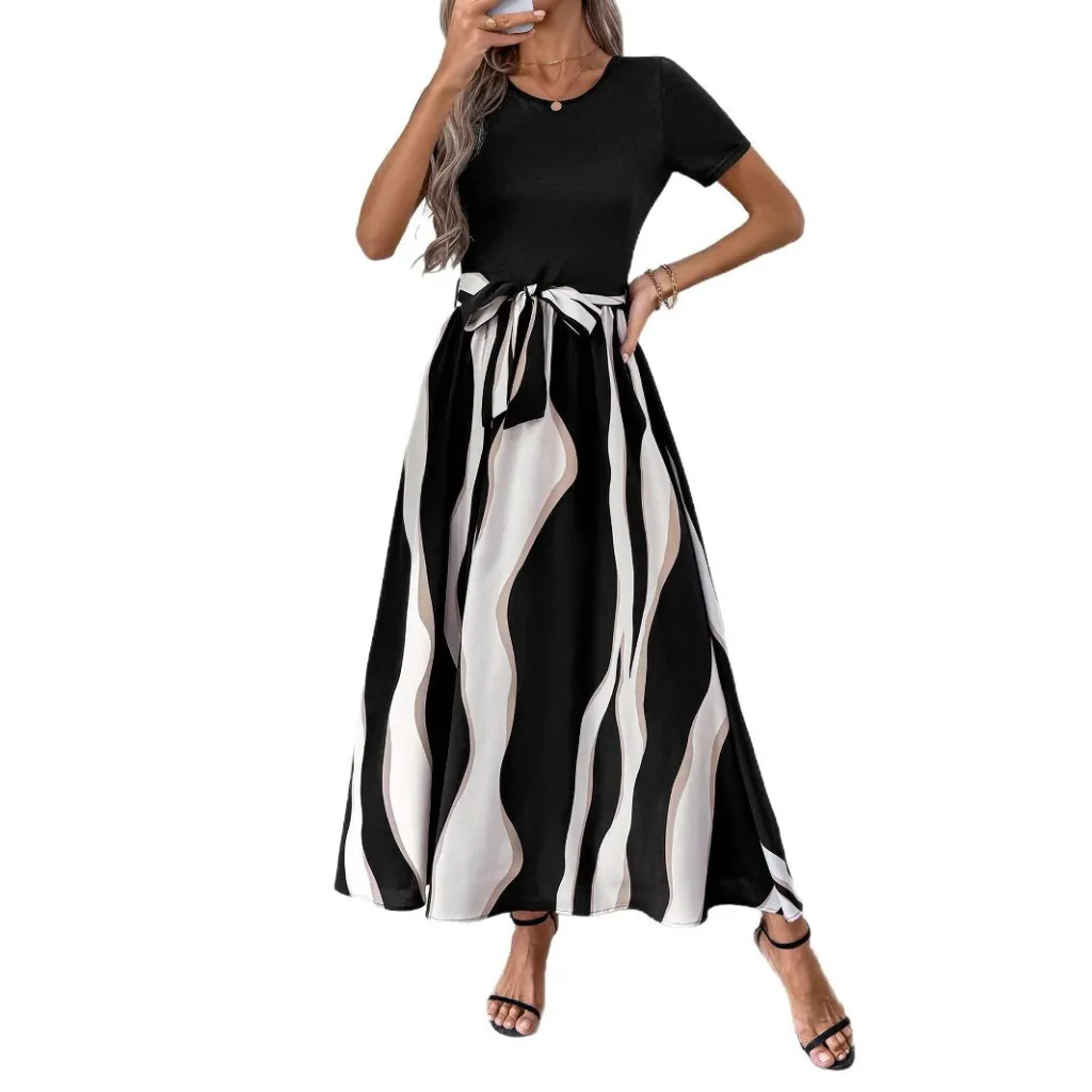 Round Neck Stitching Printing Short Sleeve Large Swing Dress - Black