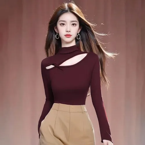 Autumn New Sneaky Design Hollow out Slim fit High grade Bottoming Shirt Wine Red - Shop at LoveMi
