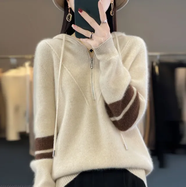 Hooded Zipper Thickening Knitwear Women's Color Matching Sweater Raw Velvet Rice 2Xl - Shop at LoveMi