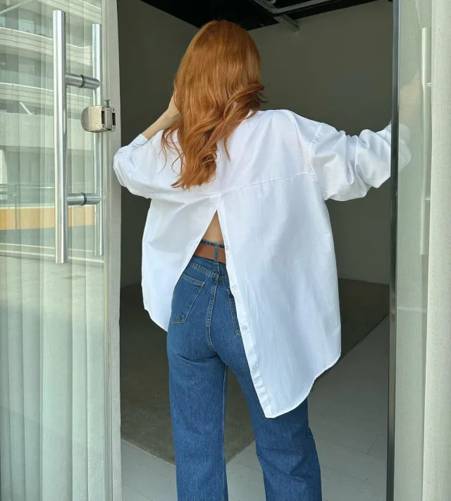 Women's Shirt Solid Color Personalized Street Spring And Autumn Long Sleeve Back Slit Loose Shirt White - Shop at LoveMi