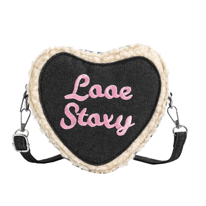 Women's Heart-shaped Letter Embroidered Crossbody Shoulder Bag - Black