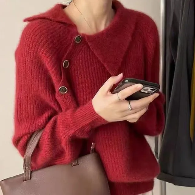 New Irregular Buckle Design Knitted Pullover Top Red - Shop at LoveMi