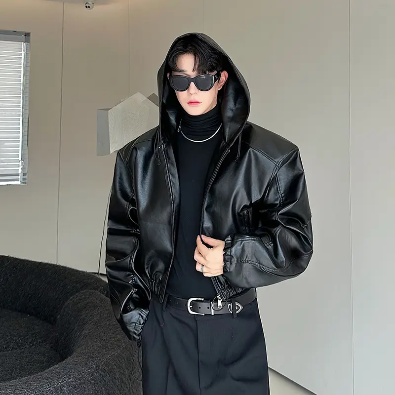 Retro Elastic Hem Hooded Short Leather Biker Jacket
