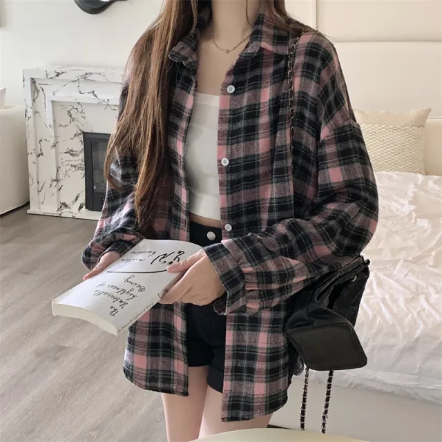 Idle Style All match Lantern Long Sleeve Shirt Coat Black And Pink Plaid - Shop at LoveMi
