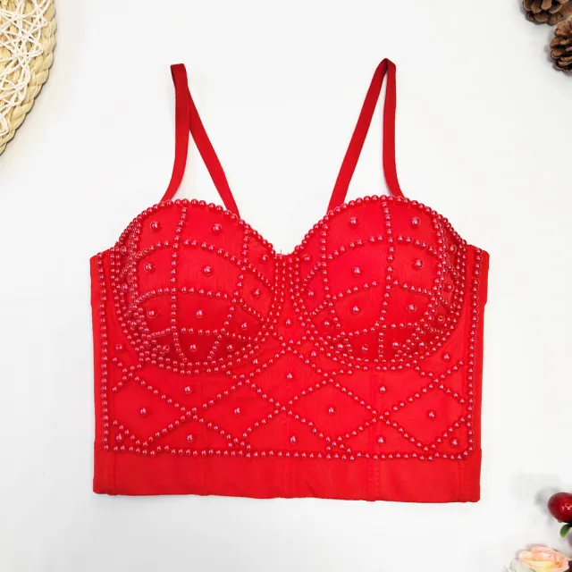 Women's Fashionable Elegant Pearl Spaghetti strap Camisole Top With Chest Pad Red - Shop at LoveMi