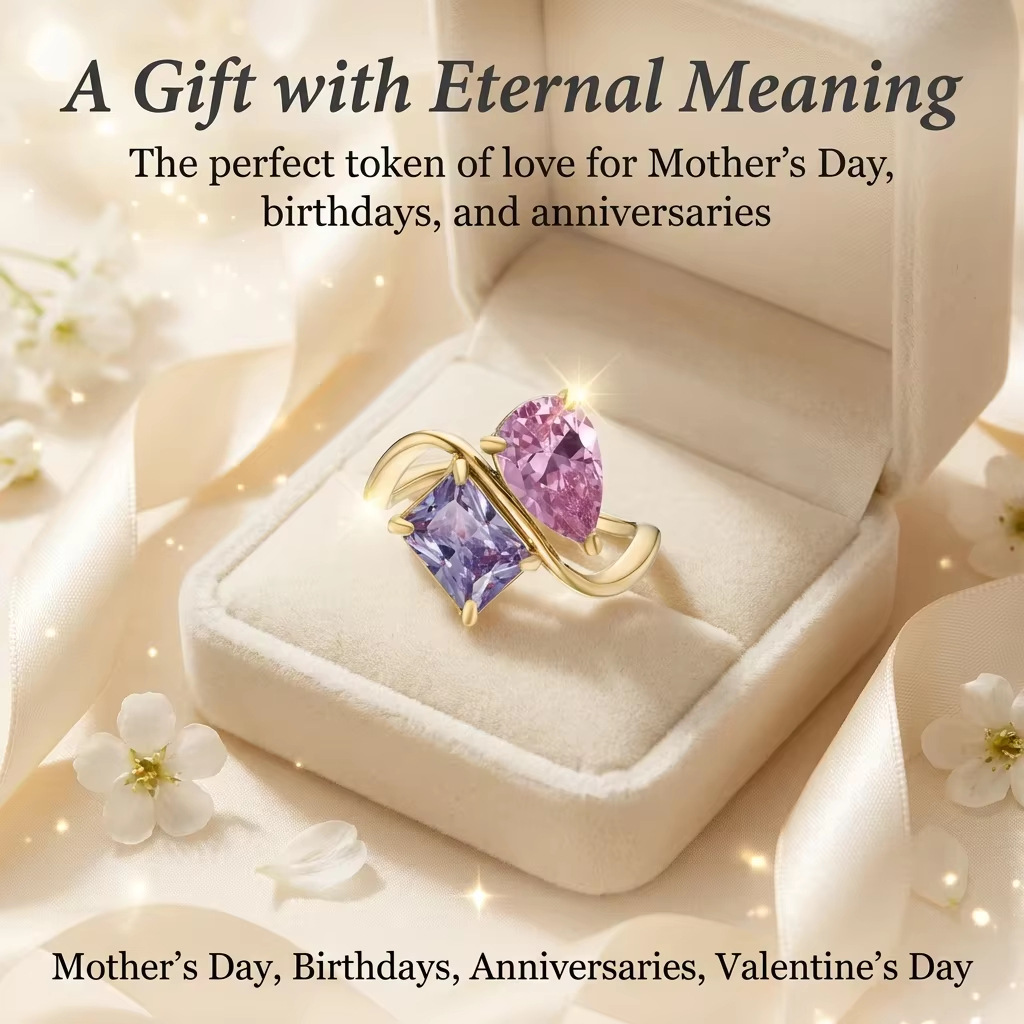 Womens Stainless Steel Square Ring With Diamond-Inlaid Waterdrop Design