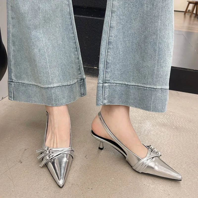 Ankle-strap High Heel Spring New Stylish Women's Shoes Pointed Belt Buckle Thin - Silver