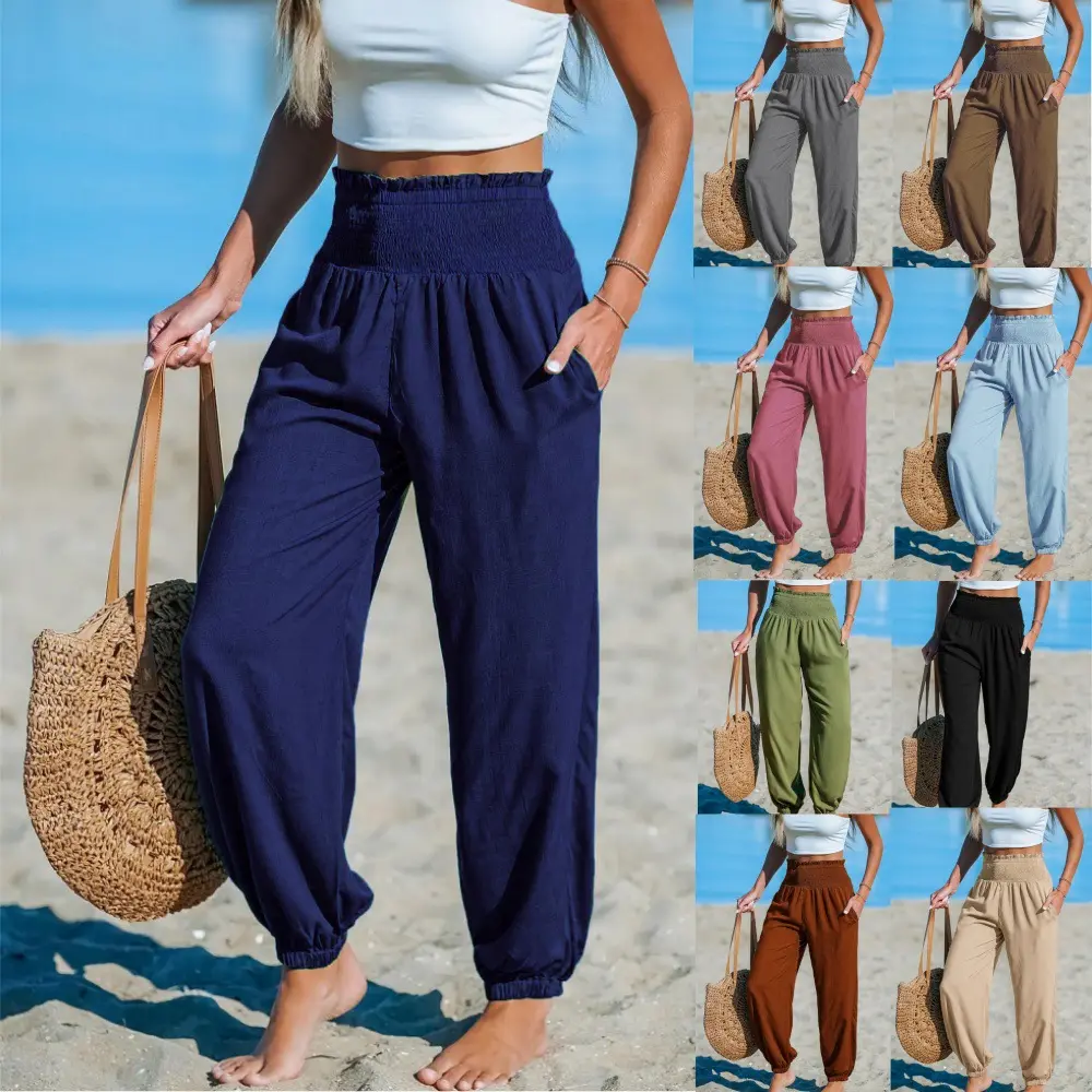 Women's Solid-Color Loose Beach Casual Ankle-Tied Pants