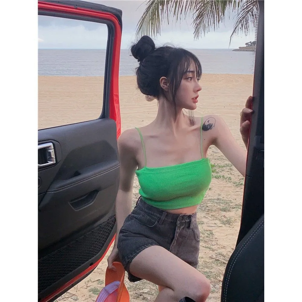 Solid Colour String Inspirational Backless Sling European And American Outer Wear Sexy Midriff-baring Vest - Green