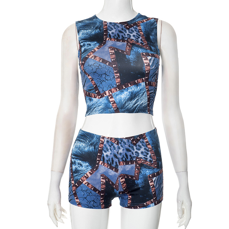 Leopard Print Stud For Autumn And Winter Printed Sleeveless Midriff baring Tight Shorts Suit Blue - Shop at LoveMi