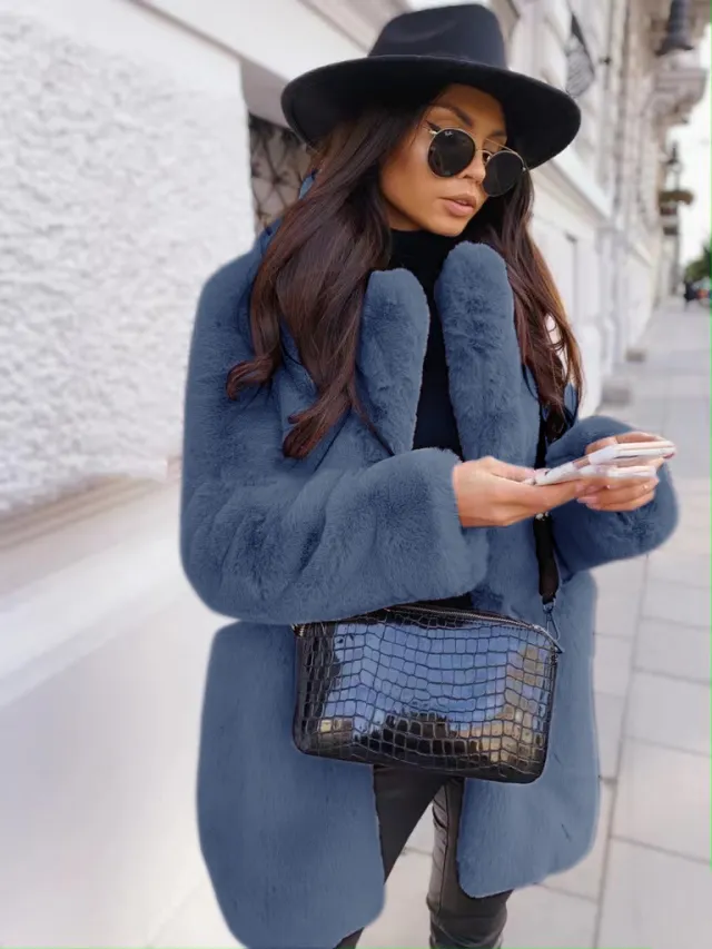 Temperament Long Sleeve Lapel Faux Fur Coat Solid Color Coat Women Fur Fur Women's Clothing Blue - Shop at LoveMi