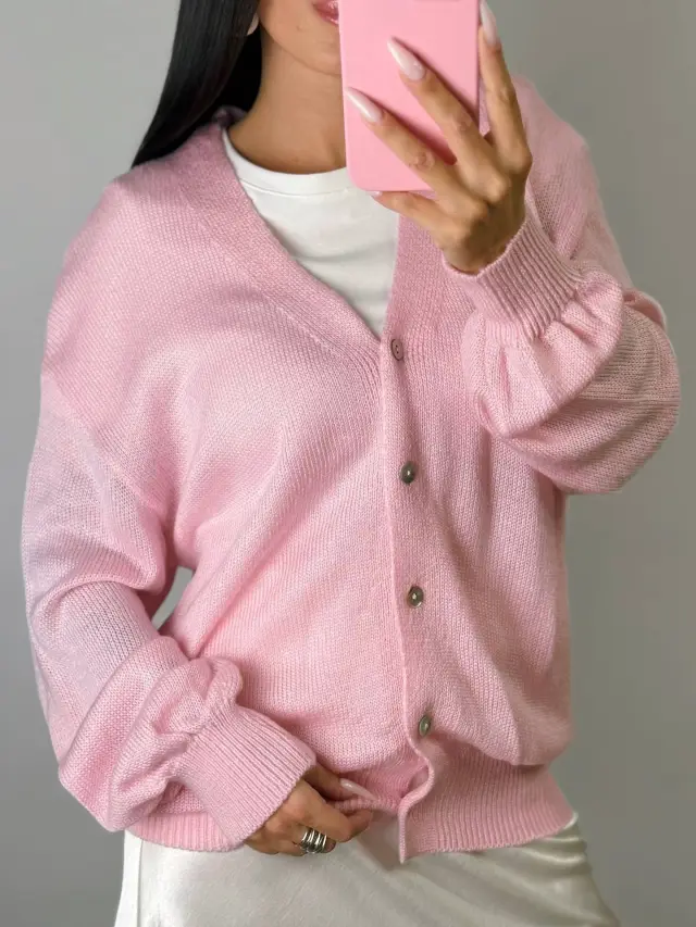 Soft Mohair V neck Elegant Lazy Style Shell Buckle Lantern Sleeve Sweater Pink - Shop at LoveMi