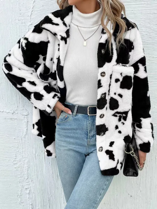 Double sided Plush Cow Pattern Pocket Top Coat White - Shop at LoveMi