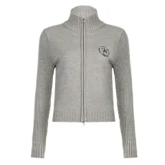 Double-headed Zipped Stand Collar Long-sleeved Woolen Coat - Grey - View 1
