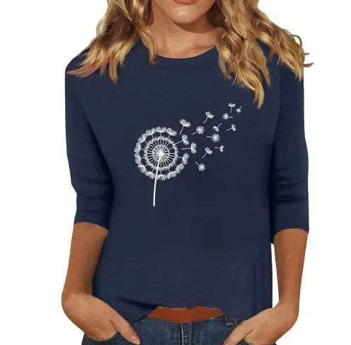 New Women's Clothing Round Neck 34 Sleeves Loose Print T shirt 0065 - Shop at LoveMi