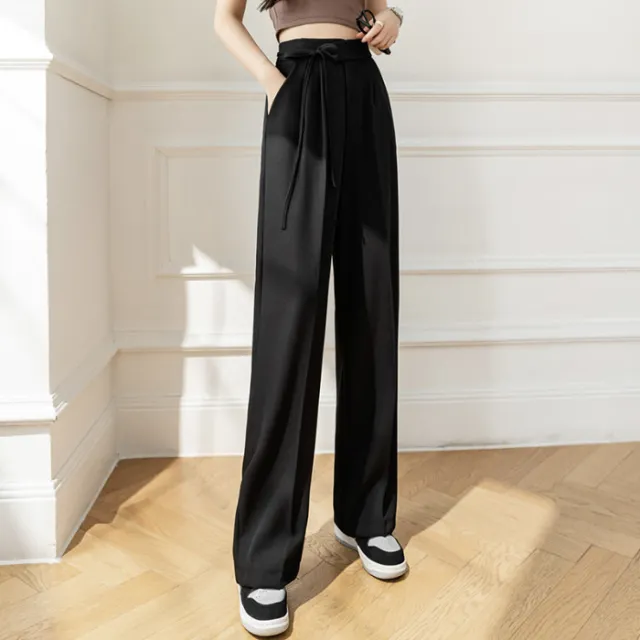 High Waist Drooping New Straight Lace up Suit Pants For Women Black - Shop at LoveMi